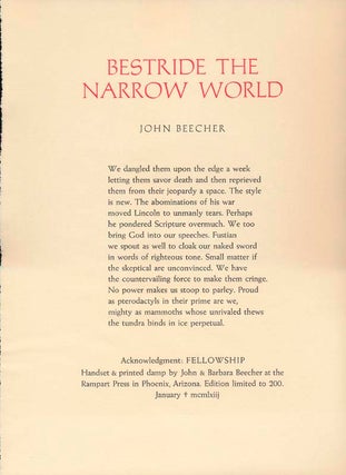 Item #27649 Bestride the Narrow World. John BEECHER
