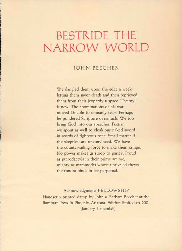 Item #27649 Bestride the Narrow World. John BEECHER.