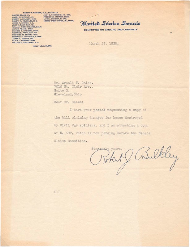 Item #28278 Typed Note Signed. Robert J. BULKLEY.