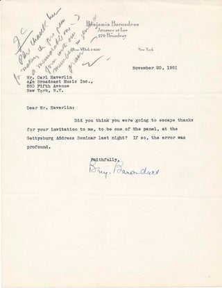 Item #28310 Typed Note Signed / Unsigned Typescript. Benjamin BARONDESS
