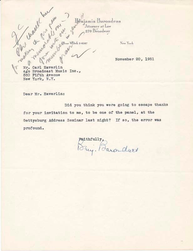 Item #28310 Typed Note Signed / Unsigned Typescript. Benjamin BARONDESS.