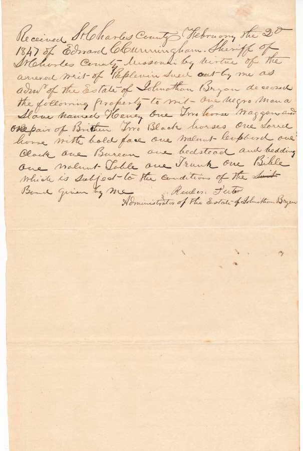 Item #28345 Document Signed. MISSOURI SLAVERY -- WRIT OF REPLEVIN -- ST. CHARLES, Reuben TUTER.