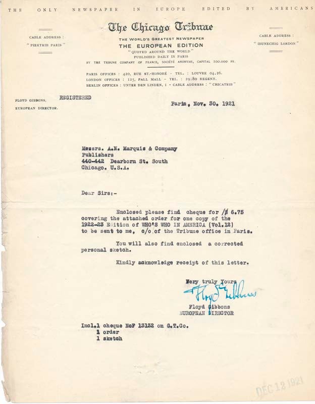 Item #28419 Typed Letter Signed / Partly-printed Autograph Document. Floyd GIBBONS.
