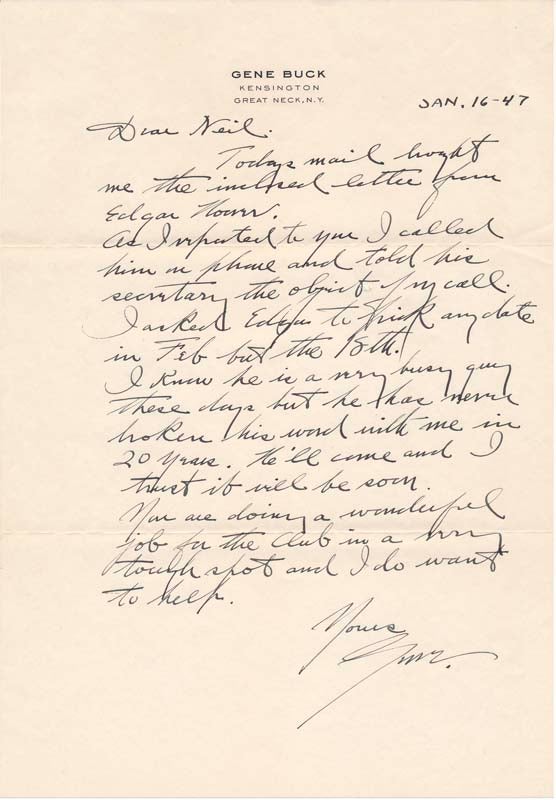 BUCK, Gene (1886-1957) - Autograph Letter Signed