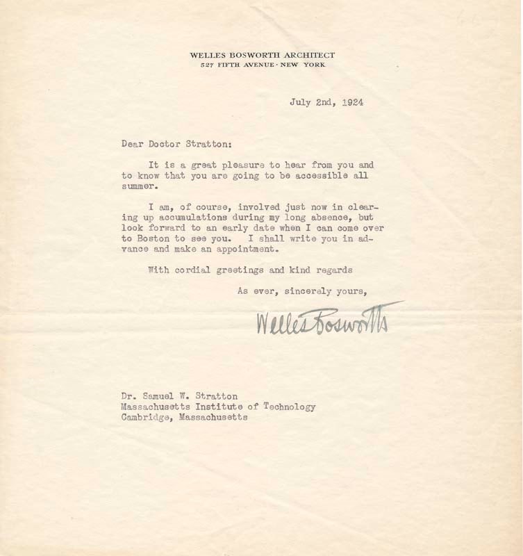 BOSWORTH, Welles (1868-1966) - Typed Letter Signed