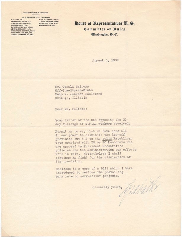 Item #28619 Typed Letter Signed. Adolph J. SABATH.