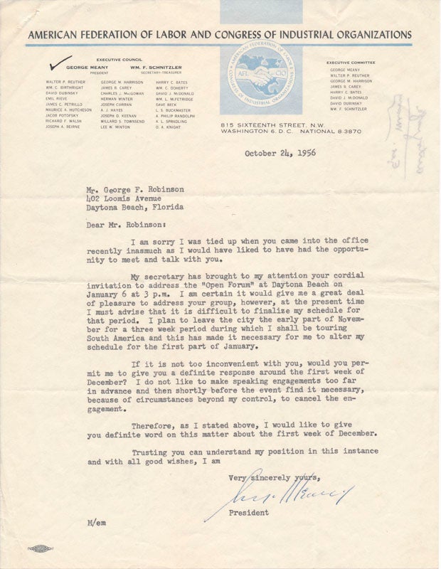 Item #28652 Typed Letter Signed. George MEANY.