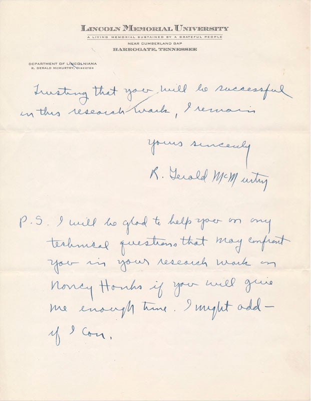 Item #28714 Autograph Letter Signed. R. Gerald McMURTRY.