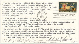 Item #28905 Signed First Day Cover. Orlando A. BATTISTA, 1917-?