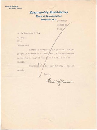 Item #31142 Typed Note Signed / Unsigned Typed Document / Unsigned Photograph. Frederick M. VINSON