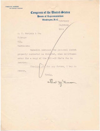 Item #31142 Typed Note Signed / Unsigned Typed Document / Unsigned Photograph. Frederick M. VINSON