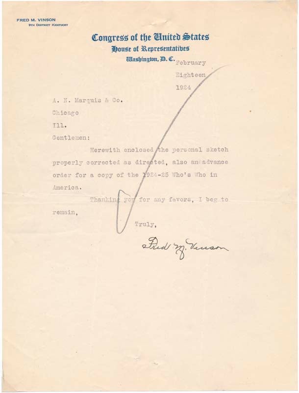 Item #31142 Typed Note Signed / Unsigned Typed Document / Unsigned Photograph. Frederick M. VINSON.