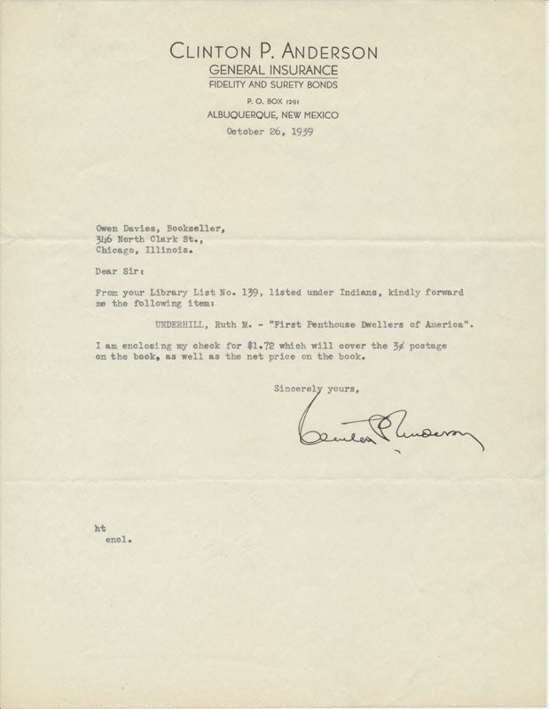 ANDERSON, Clinton P. (1895-1975) - Typed Note Signed