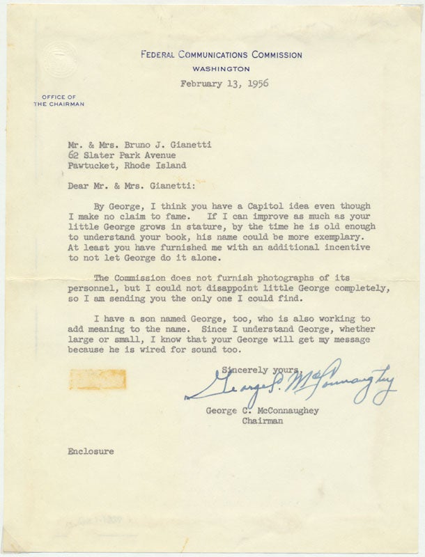 Item #32188 Typed Letter Signed. George C. McCONNAUGHEY.