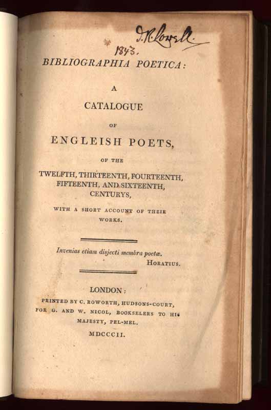 Item #32925 Bibliographia Poetica: A Catalogue of Engleish [sic] Poets, of the Twelfth, Thirteenth, Fourteenth, Fifteenth, and Sixteenth Centuries, With a Short Account of Their Works. Joseph RITSON.