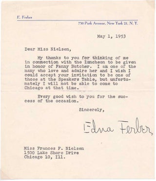 Item #33010 Typed Note Signed. Edna FERBER