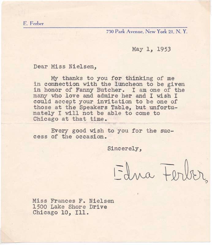 Item #33010 Typed Note Signed. Edna FERBER.