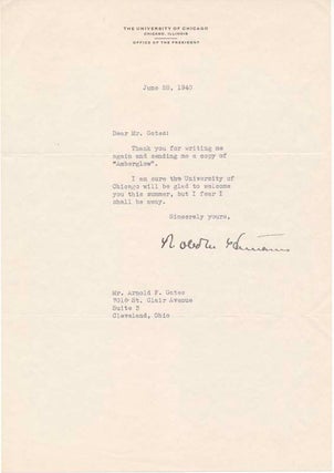 Item #35260 Typed Note Signed. Robert M. HUTCHINS