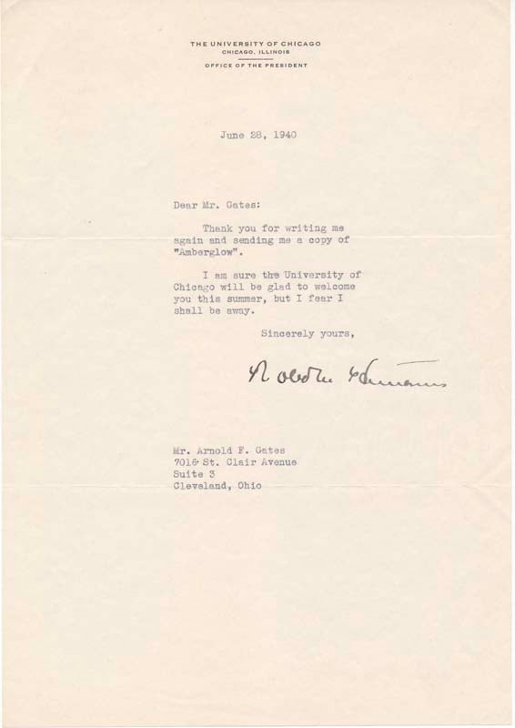 Item #35260 Typed Note Signed. Robert M. HUTCHINS.