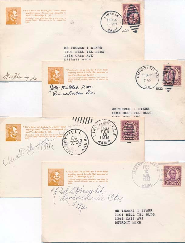Item #35975 Group of Six Postal Covers. Abraham -- Philatelic LINCOLN.