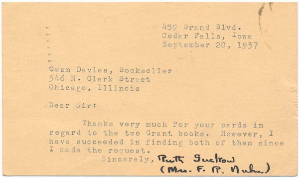 Item #36264 Typed Note Signed. Ruth SUCKOW.