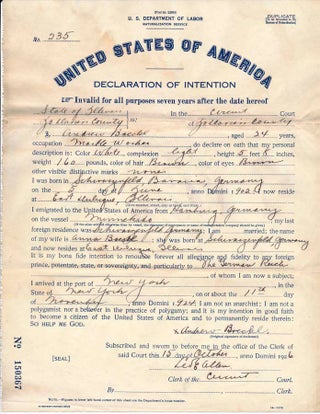 Item #36435 Partly-Printed Document Signed. Leo E. DECLARATION OF INTENTION / ALLEN
