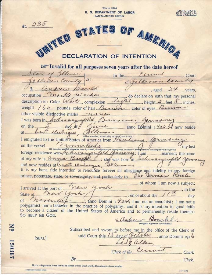 Item #36435 Partly-Printed Document Signed. Leo E. DECLARATION OF INTENTION / ALLEN.