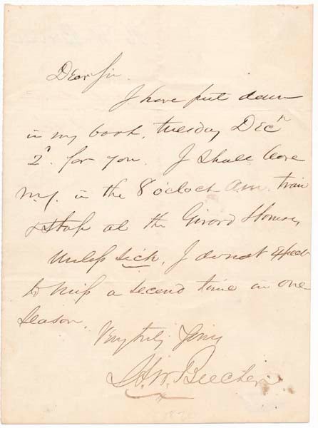 Item #37206 Autograph Note Signed / Unsigned Portrait. Henry Ward BEECHER.