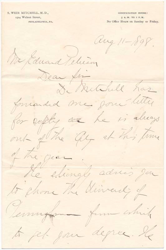 Item #39139 Autograph Letter Signed (secretarial). S. Weir MITCHELL.