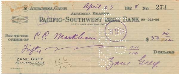 Item #39474 Partly-Printed Autograph Document Signed. Zane GREY.