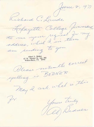 Item #39542 Autograph Note Signed. Al BEDNER