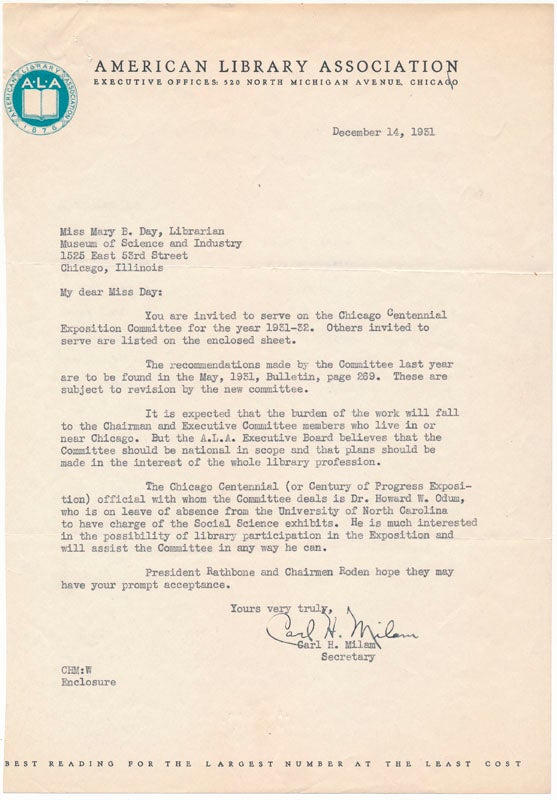 Item #40400 Typed Letter Signed. Carl H. MILAM.