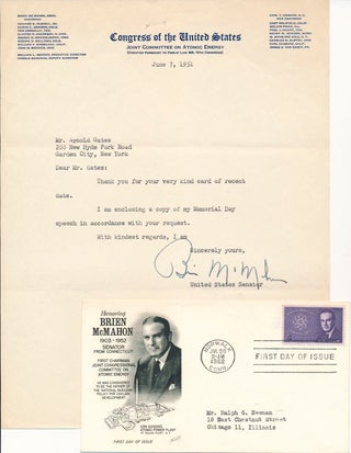 Item #40653 Typed Note Signed / Unsigned Press Release. Brien McMAHON