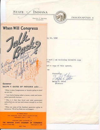 Item #40730 Typed Note Signed / Signed Pamphlet. Ralph W. GATES