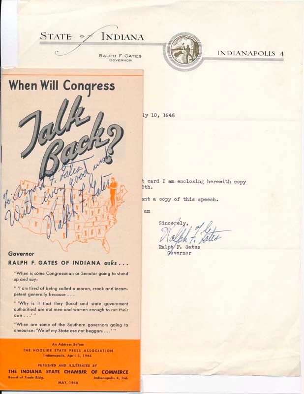 Item #40730 Typed Note Signed / Signed Pamphlet. Ralph W. GATES.