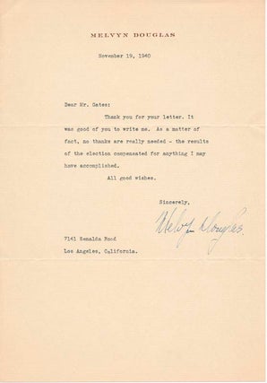 Item #40757 Typed Note Signed. Melvyn DOUGLAS