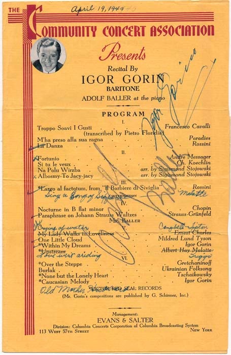 Item #40759 Signed Program. Igor GORIN.