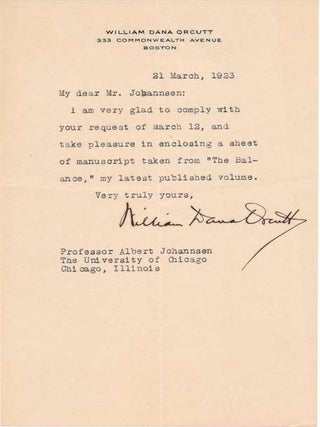 Item #40779 Typed Note Signed / Autograph Manuscript (unsigned). William Dana ORCUTT