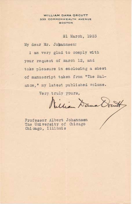 Item #40779 Typed Note Signed / Autograph Manuscript (unsigned). William Dana ORCUTT.