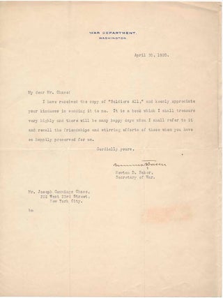 Item #40802 Typed Note Signed. Newton D. BAKER