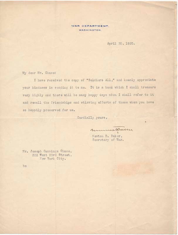 Item #40802 Typed Note Signed. Newton D. BAKER.