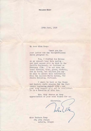 Item #40814 Typed Letter Signed. Nelson EDDY