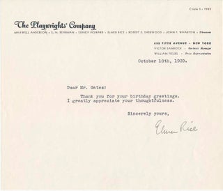 Item #40830 Typed Note Signed. Elmer RICE