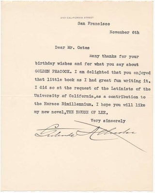 Item #40858 Typed Note Signed. Gertrude ATHERTON