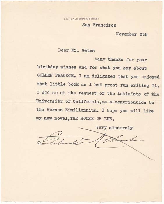 Item #40858 Typed Note Signed. Gertrude ATHERTON.