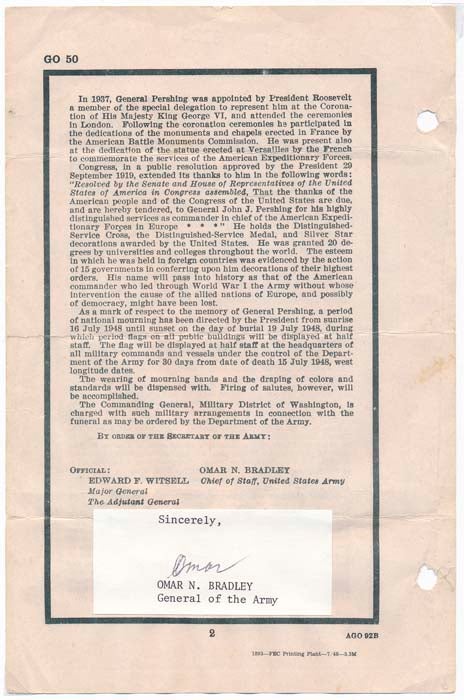 Item #40864 Signature / Printed General Order / Unsigned Photograph. Omar N. BRADLEY.