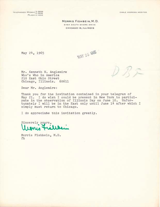 Item #40987 Typed Note Signed. Morris FISHBEIN.