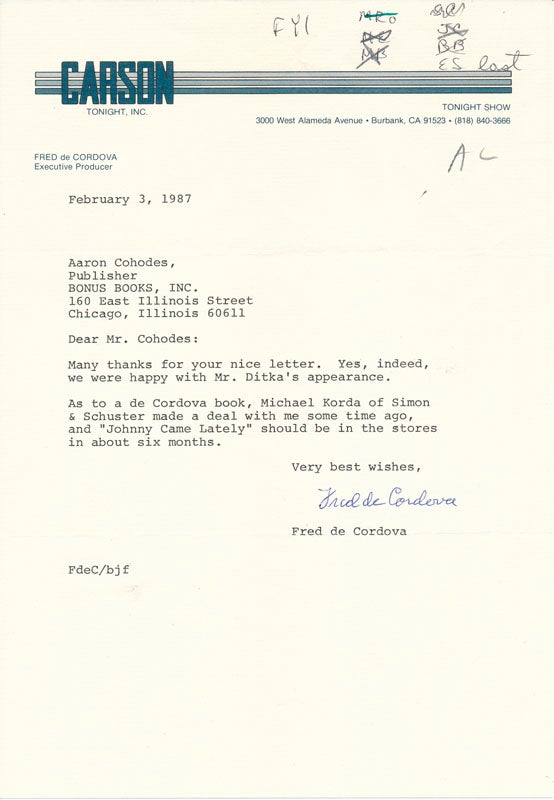 De CORDOVA, Fred (1910-2001) - Typed Note Signed