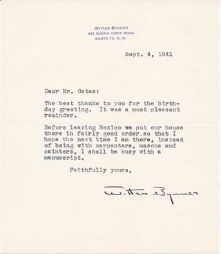 Item #41407 Typed Note Signed. Witter BYNNER