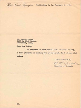 Item #41432 Typed Note Signed. Halvard H. BACHKE